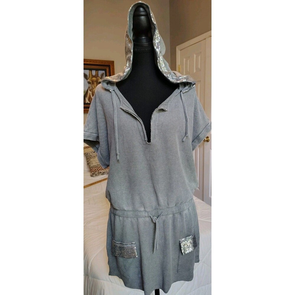 VENUS Sequin Trim Hooded Mini Dress Grey Acid Wash Short Sleeve Tunic XL